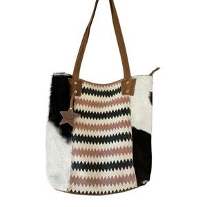 Myra Bag calf hair canvas leather tote concealed carry pocket